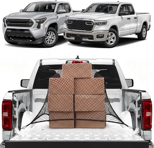 Cargo Net for Silverado/Sierra/Ram 1500, Frontier, Ridgeline, Tacoma/Tundra | Heavy Duty Truck Bed Organizer, Highly Elastic Tailgate Net with Carabiners, Weatherproof Mesh Cover with Attached Zipper Bag