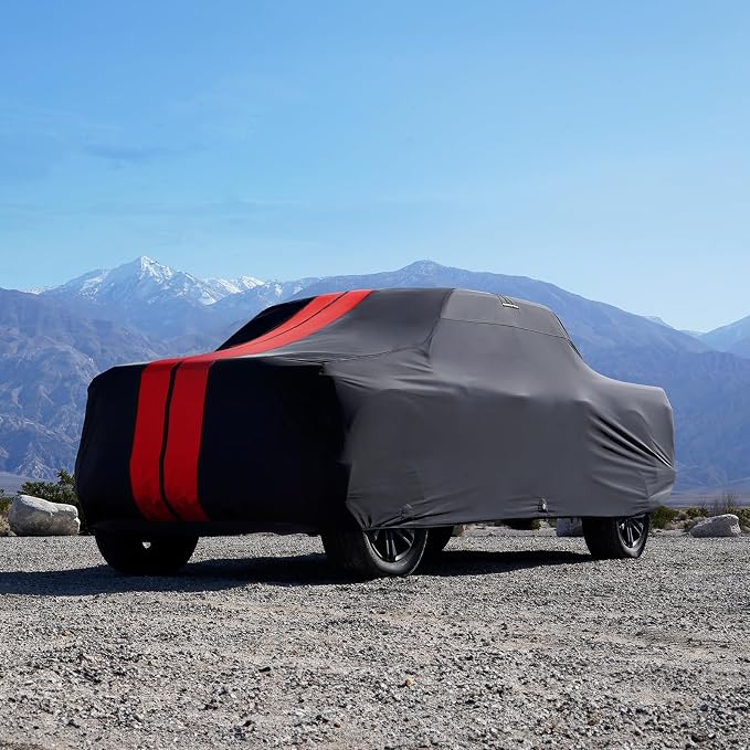 iCarCover Premium Heavy Duty Truck Car Cover - Waterproof All Weather Rain Snow UV Protection, F250, F350 Crew Cab, Extended Cab, Size T87 (See Size Chart), Stripe - Black/Red