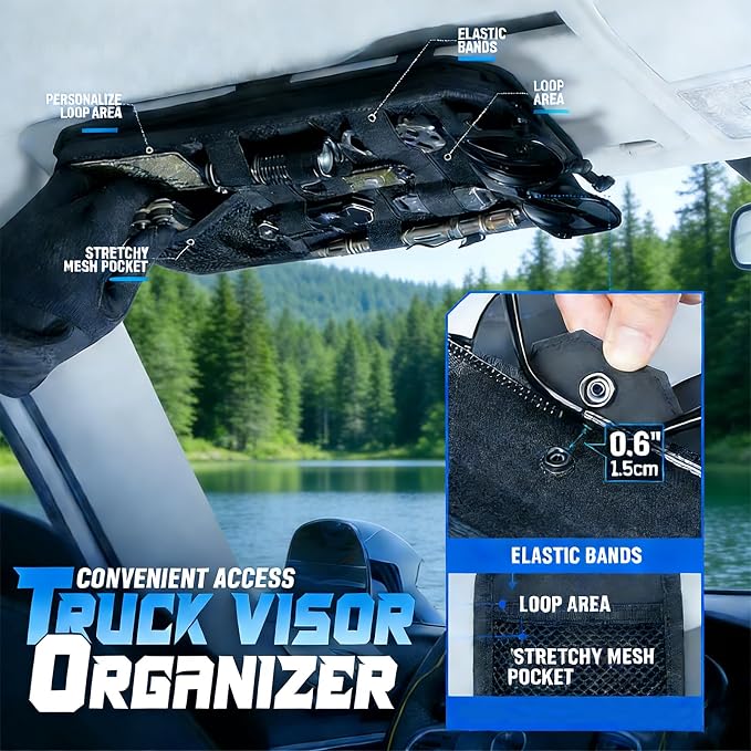 Molle Car Sun Visor Organizer,Car Accessories with Zipper Visor Storage Pouch&Glasses Clip&Adjustable Straps, Semi-Rigid Molle Panel for Tactical Gears, Fits Most Vehicles, SUVs (Grey)