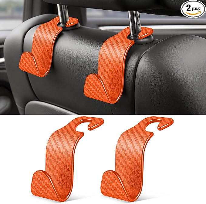 SINGARO Universal 2 Pack Car Seat Headrest Purse Hook, Carbon Fiber Back Seat Hook Storage Organizer Hanger for Purse Handbag Coat, Car Interior Accessories(Orange)