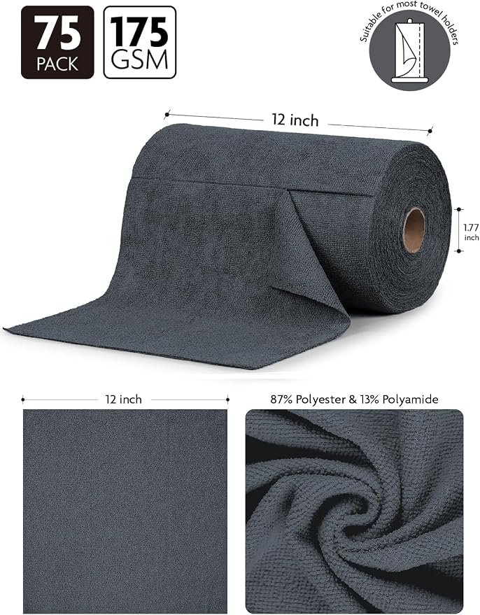 Fantasticlean Microfiber Cleaning Cloth Roll- 75 Sheets, 12" x 12"(Dimgrey) | Super Absorbent, Lint-free, Tear-away Microfiber Towel Roll, for All-Purpose Cleaning, Reusable Alternative to Paper Towels