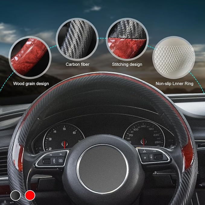 Wood Grain Steering Wheel Cover Red Universal Microfiber Leather, Suitable for 14 1/2-15 inch Comfortable Anti-Slip, Good Breathable and Odorless Car Steering Wheel Cover…