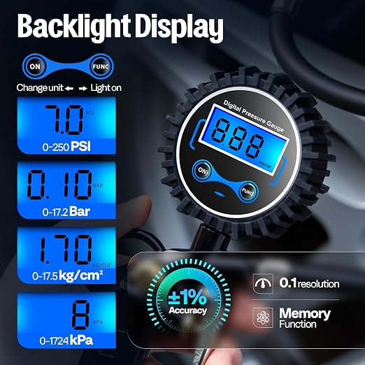 SPECSTAR 2 Pack Digital Tire Inflator with Pressure Gauge, Night Available | 250 PSI Air Chuck and Compressor Accessories with Rubber Hose and Quick Connect Attachment for 0.1 Display Resolution