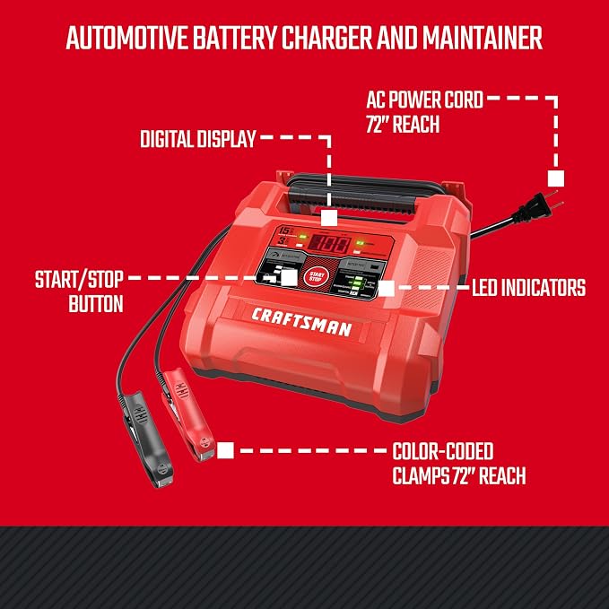 CRAFTSMAN 15A Car Battery Charger and Battery Maintainer, 4-in-1 Solution, for 6V/12V Power Sport, Automotive, and Marine Batteries, CMXCESM162