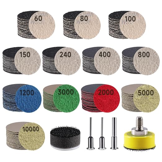 185 PCS 1 Inch Wet Dry Sanding Discs 60-10000 Grit Hook and Loop Sandpaper | Rotary Tool Accessories with 1/8" 1/4" Shank, Backing Pad, Foam Sanding Pads for Auto Metal Glass Resin Wood Jewelry