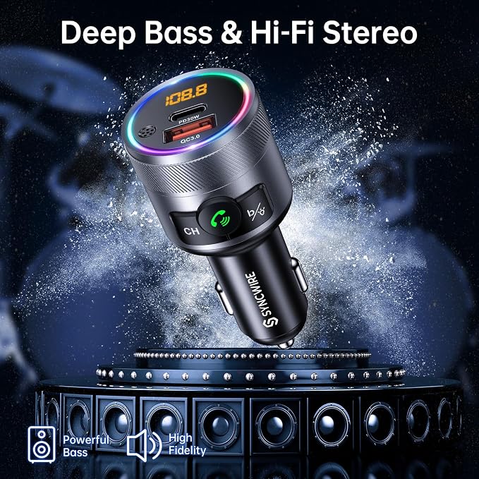 Syncwire Bluetooth 5.4 FM Transmitter for Car, 38W PD&QC3.0 Dual USB Charging Bluetooth Car Adapter Microphone & Bass Sound MP3 Music Player FM Kit with Hands-Free Calling | QC3.0 dual USB fast charging. Built-in mic for clear hands-free calling. Deep ...