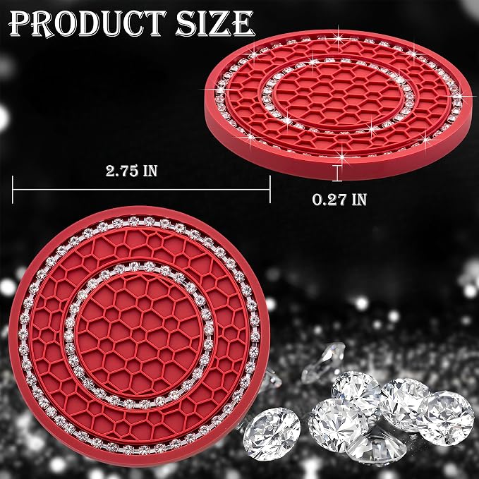 4PCS Bling Crystal Rhinestone Cup Holder Coaster, 2.75 inch Soft Silicone Anti-Slip Shockproof, Car Cup Holder Insert Coasters, Universal Car Interior Accessories for Women (Red & White)