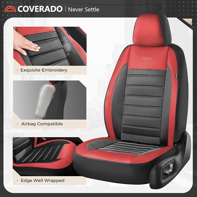 Coverado Car Seat Covers Front Seats, Luxury Leather Car Seat Covers, Automotive Mesh Seat Covers 2 Pack, Airbag-Compatible, Black Red Seat Covers for SUV Sedan Truck