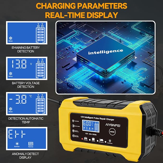 6A 12V Car Battery Charger Maintainer Trickle Charger, Yellow | Smart Battery Desulfator, Temperature Compensation, for Car Truck Motorcycle, Lawn Mower Marine