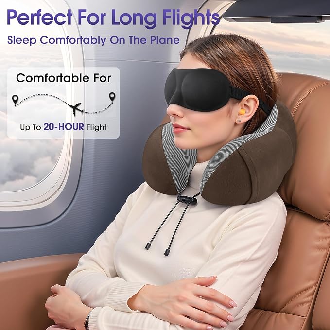 CloudBliss Travel Pillows for Airplane, 2 Pack Memory Foam Neck Pillows for Travel, Compact Neck Pillows for Long Flight Sleeping, Plane Accessories with Eye Mask, Earplugs, Storage Bag, Black & Brown