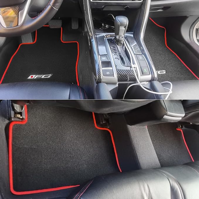 Fit 2016-2021 Honda Civic Black with Red Edge and FC Logo Floor Mat | IKON MOTORSPORTS, OEM Fitment Style, All Weather Waterproof Anti-Slip Floor Liners