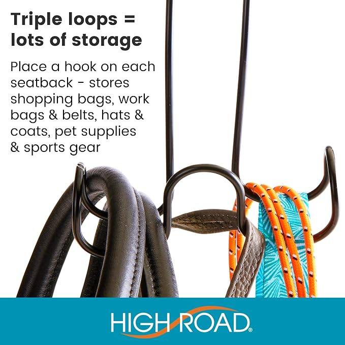 High Road Metal Car Hooks for Purse and Bags - Unbreakable Headrest Car Hooks for Large Purse Straps and Heavy Bags up to 40 lbs - Secure Attachment Loops Fit All Headrest Posts (Triple Hook 2-Pack)