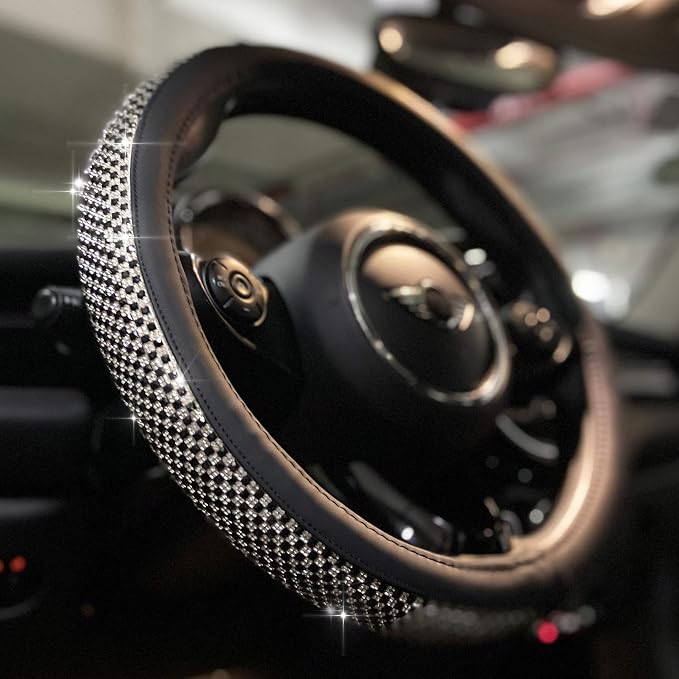 PINCTROT Bling Bling Comfy Steering Wheel Cover with Jumbo Crystal Rhinestones, Anti-Slip Diamond Leather, Universal 15 Inch (Black)