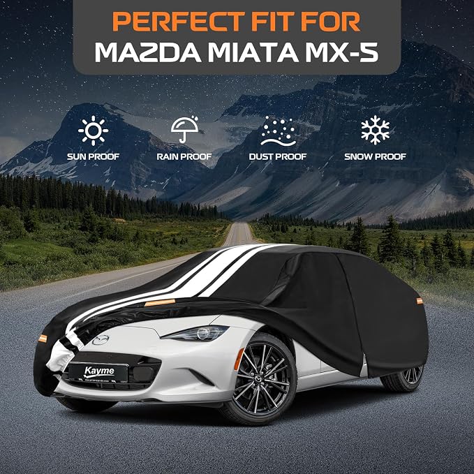Kayme Mazda Miata Car Cover Waterproof All Weather for Automobiles, Custom Fit for Miata MX-5 MX5 (1989-2026), Gift with Tape/Towel, Outdoor Full Exterior Cover Rain Snow Sun UV Protection.