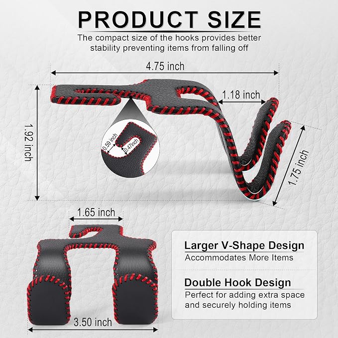 LivTee Upgraded Superior Leather Car Seat Back Headrest Hook, 2 in 1 Auto Seat Hook Hangers Holder Organization Interior Accessories for Purses Coats Umbrellas Grocery Bags Handbag (Black/Red)