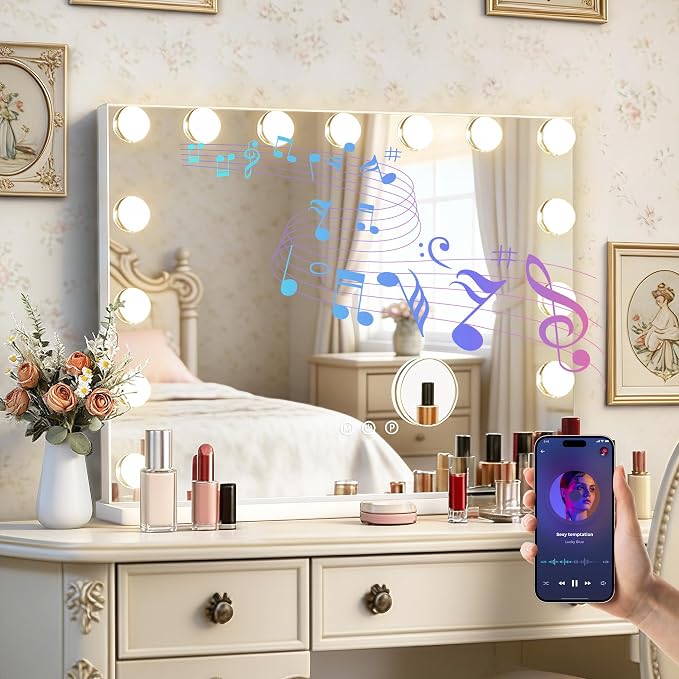 Ratsamee Hollywood Vanity Mirror with Lights and Bluetooth Speaker, 15 Dimmable Bulbs, 3 Color Lights,Make Up Lighted Mirror, Aluminum Metal Frame, USB Charging Port（23" x 18"）
