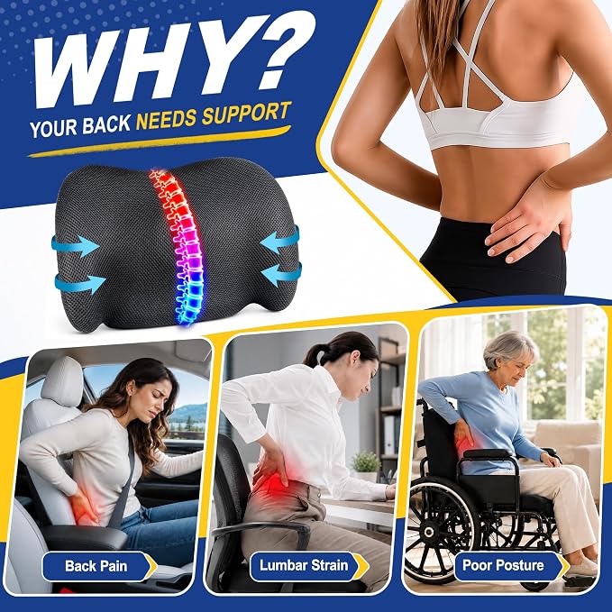 Lumbar Support Pillow for Car, Back Support Cushion for Office Chairs | Memory Foam Car Lumbar Support for Driving Seat, Adjustable Straps, Car Back Support for Long Drives, Office Chairs, Black