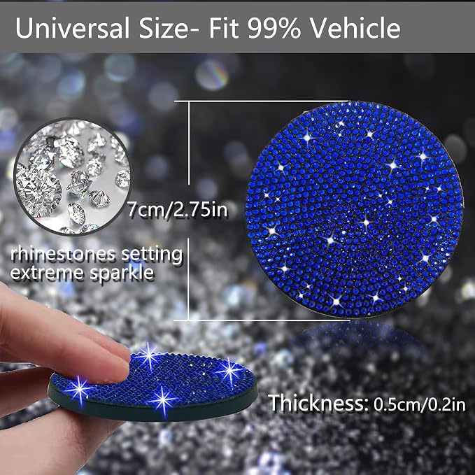 NBTEPEM 4pcs Bling Car Cup Holder Coaster, 2.75 inch Anti-Slip Shockproof Universal Fashion Car Coasters Insert Bling Crystal Rhinestone Automotive Interior Accessories for Women (Blue)