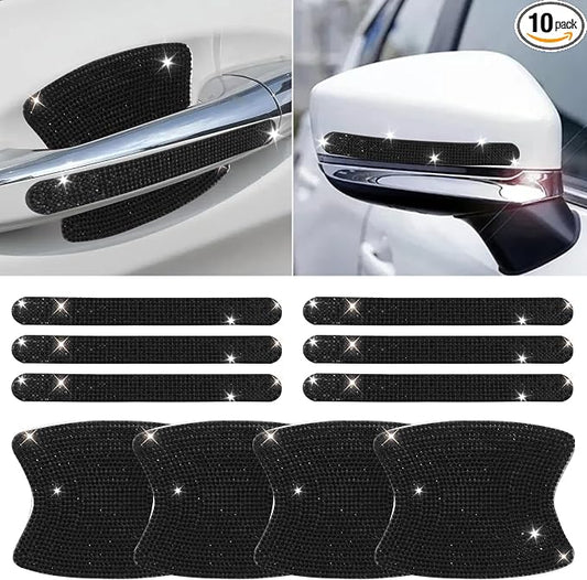 10 PCS Bling Car Door Handle Protector, Shiny Crystal Rhinestone Anti-Scratch Universal Cars Door Handle Protective Cover, Glitter Automotive Exterior Accessories for Women (Black)