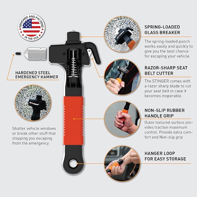 Stinger Super Duty Car Emergency Escape Tool - Hardened Carbon Steel Safety Hammer, Spring-Loaded Window Breaker, Razor-Sharp Seat Belt Cutter, Life-Saving Rescue Tool (Orange and Orange)