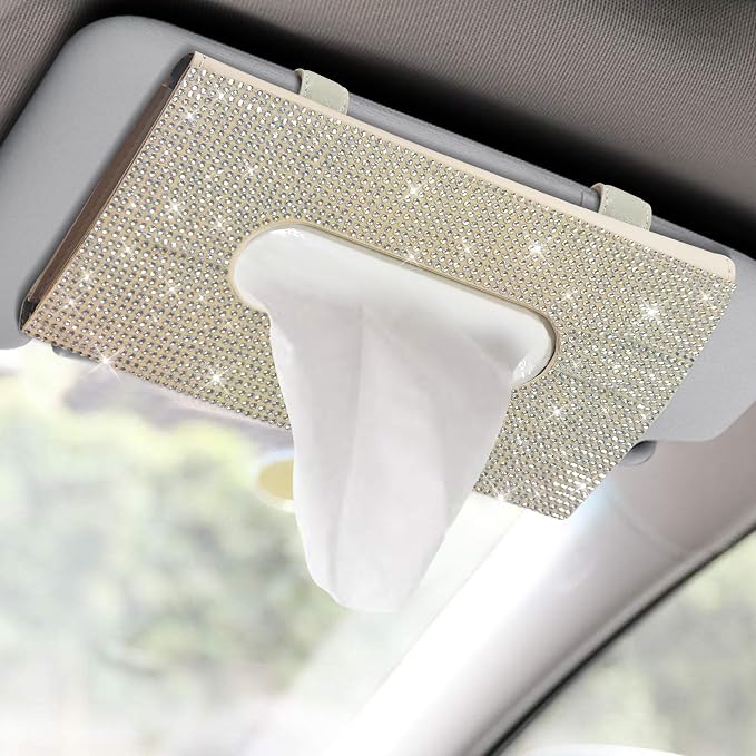 Bling Car Sun Visor Tissue Box Holder, Visor Accessories, Rhinestone PU Leather Crystal Sparkling Napkin Holder, Auto Sun Visor Paper Towel Cover Case Accessories for Most Cars (Beige+White)