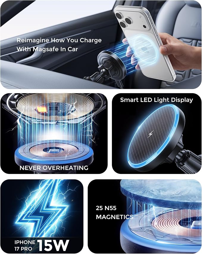 2-in-1 15W Magsafe Car Mount Charger, Magnetic Wireless Car Charger, 360° Dashboard & Air Vent Phone Mount, Phone Holders for Your Car, Car Accessories for Men Women for iPhone 17-12