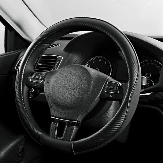 PIC AUTO Steering Wheel Cover, Black Piping Leather, Sports Carbon Fiber and Super Breathable Leather, Universal 14.5-15.5 Inch Anti-Slip Steering Wheels Accessories for Men & Women