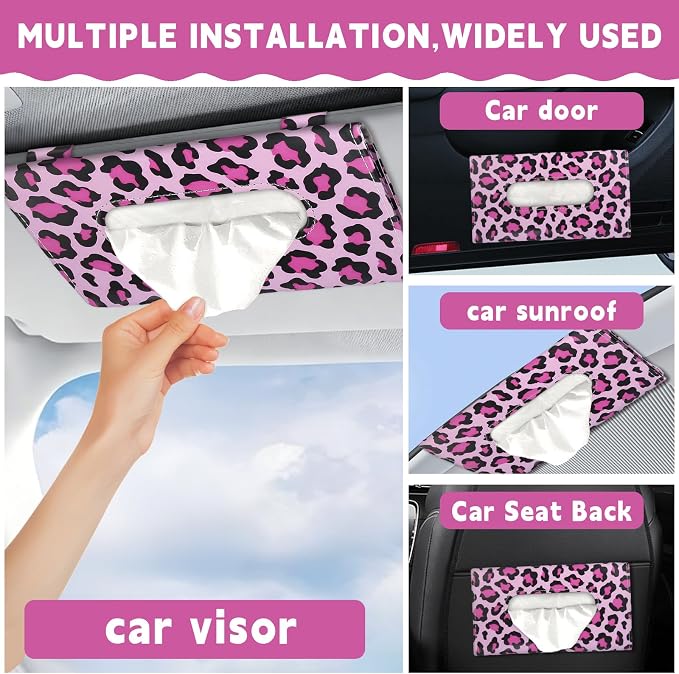2 Pcs Sunglass Holder and 1Pcs Car Tissue Holder for Car,Magnetic Leather Sunglasses Holder Car Sun Visor Glasses Hanger Clip,Car Interior Accessories for Women(Pink Leopard Print)