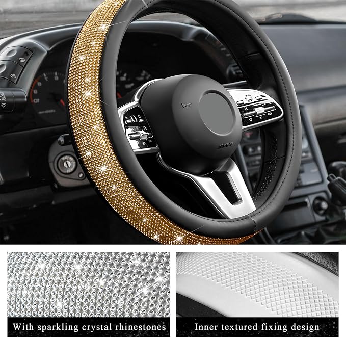 Diamond Leather Steering Wheel Cover, 15 Inch Bling Crystal Rhinestone Anti-Slip Wheel Protector, Universal Sparkling Elegant Diamond Steering Wheels Cover for Women Girl (Golden)