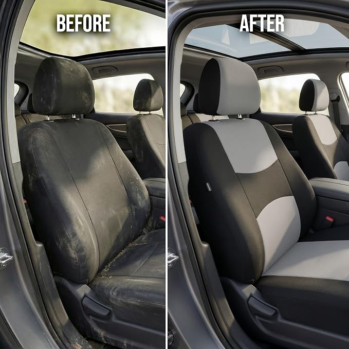 FH Group Car Seat Covers Full Set Cloth - Universal Fit Automotive Seat Covers, Low Back Front Seat Covers, Solid Back Seat Cover, Washable Car Seat Cover for SUV, Sedan and Van Gray