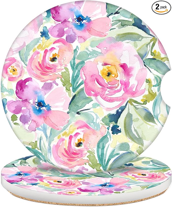 2 Pack Car Coasters for Cup Holders, 2.56" Universal Absorbent Ceramic Stone Car Cup Holder Coasters with Non-Slip Cork Base, Car Interior Accessories for Women Men(Pink Peony Floral)