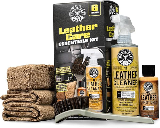 Chemical Guys, Car Leather Care Kit, Cleaner, Conditioner & Tools, 6 Pc | Leather cleaner, conditioner, brush and towels to clean, soften and protect seats and trim, six-piece kit