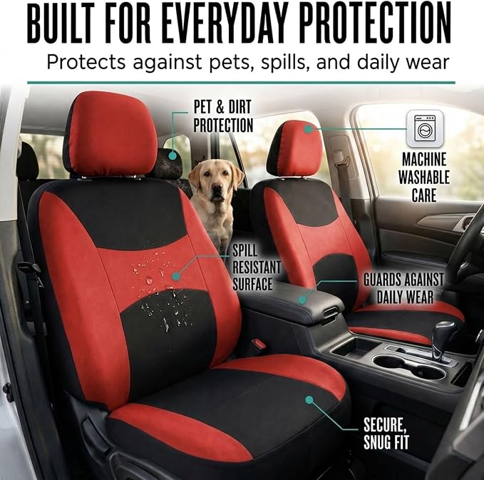 FH Group Car Seat Covers Full Set Cloth, Universal Fit combo, Automotive Covers, Low Back Front Airbag Compatible,Split Bench Rear Seat,Washable Cover for SUV,Sedan,Van Red