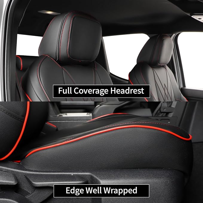EKR Tacoma Car Seat Covers Custom for Toyota Tacoma (Only for Hybrid) 2024 2025 2026 Double cab TRD Sport,TRD Off-Road,Limited,Trailhunter - Full Set,Leather(Black with Red Trim)