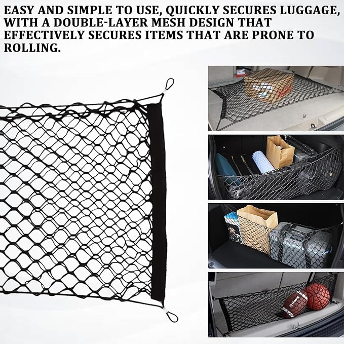 Car Cargo Nets Trunk Organizer, Adjustable Elastic Storage Mesh Double Layer with Hooks, Rear Cargo Net Accessories for Cars Trucks SUVs, Stretchable Heavy Duty Vehicle Organizer 39.4 x 15.7 Inch