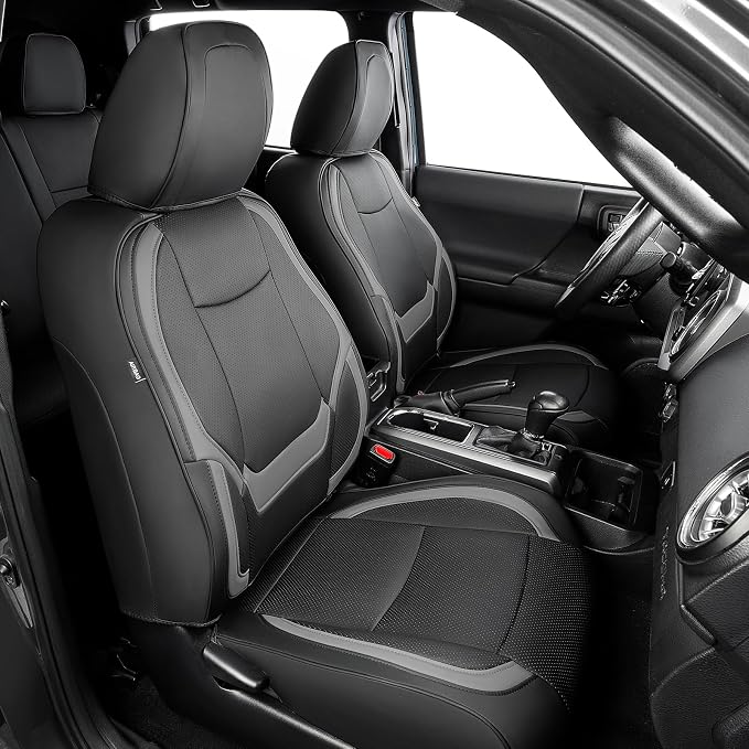 DrCarNow Super Cover for Toyota Tacoma Seat Covers 2016-2019 2020 2021 2022 2023,Fit for Tacoma Crew Cab/Double Cab (Black and Gray) Waterproof Leather Accessories(Not Fit the Fourth Generation)