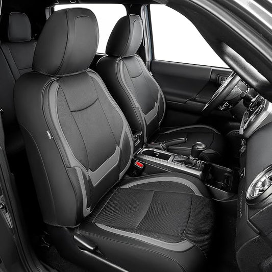 DrCarNow Super Cover for Toyota Tacoma Seat Covers 2016-2019 2020 2021 2022 2023,Fit for Tacoma Crew Cab/Double Cab (Black and Gray) Waterproof Leather Accessories(Not Fit the Fourth Generation)