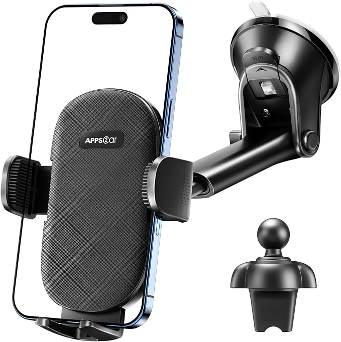 APPS2Car Car Phone Holder Mount, Strong Suction Dashboard & Windshield Phone Holder for Car, Hands-Free, Compatible with iPhone Samsung All Phones, Ideal for Delivery & Uber Drivers, Fleet Vehicles