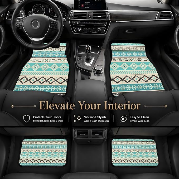 Turquoise Car Floor Mats Set of 4 Tribal Diamond Stripe Car Accessories Foot Mats Rugs, Non-Slip,Decor for Universal Fit for Suvs Sedans Trucks Cars Auto Floor Carpets Rugs All-Weather