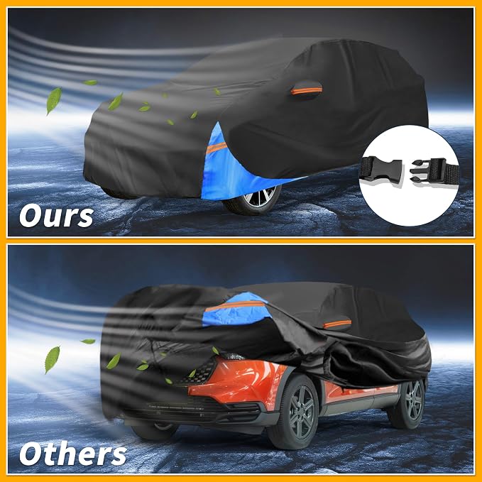 Waterproof All-Weather Universal Car Cover with Right Side Zipper, 190T Polyeste Black Blue Fits for SUV Up to 181" Length