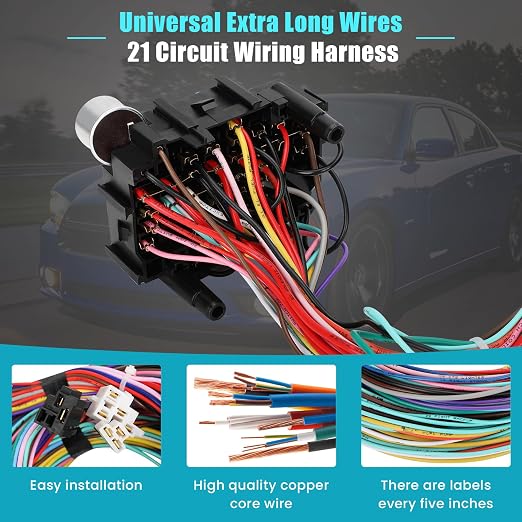 Universal 21 Circuit Wiring Harness Kit Standard Color 17 Fuses | Universal Extra Long Wire 21 Circuit Wiring Harness for GM Chevy Chrysler Dodge Ford Hotrods Plymouth Mopar Mercury Ratrods
