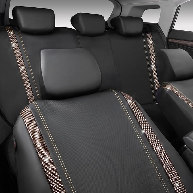 CAR PASS Bling Diamond Car Seat Covers Full Sets, Shining Rhinestone Waterproof Faux Leather, with Zipper, Universal Fit Automotive Glitter Crystal Sparkle Strips Cute Women Girl, Champagne Gold
