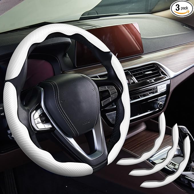 WOCOCN 3pcs Car Steering Wheel Cover,Anti-Skid Carbon Fiber Steering Wheel Protector for Men Women,Multiple Color Options,Universal for Most Car Interiors Accessories (White 3PCS)