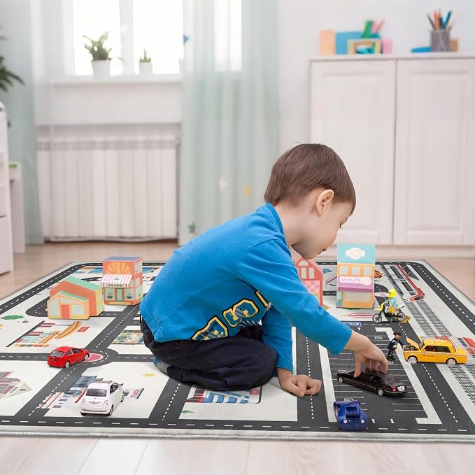 Nayoroom Kids Car Road Playroom Rug, Faux Wool City Map, Non-Slip, 4 x 6 ft | Interactive city road map; Car-friendly routes; Soft faux wool surface; Non-slip backing; Easy-care room accent