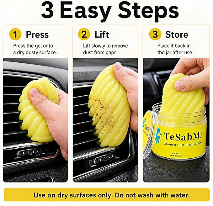 TeSabMi Car Cleaning Gel, Reusable Cleaning Putty for Vents & Gaps, 160g | For air vents, dashboard gaps, cup holders and console buttons; picks up dry dust, crumbs and lint. No water needed.