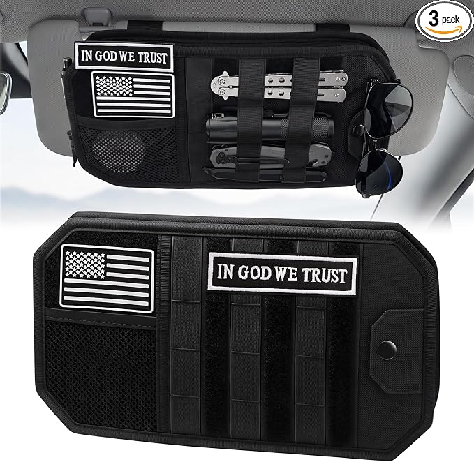 1000D Polyester Car Sun Visor Organizer with Sunglasses Holder | Tactical Organizer, MOLLE Panel, Universal, Mesh Pouch + Pen Slots + Zipper Pockets, Heavy Duty, Esay Installation