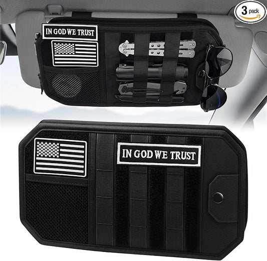 1000D Polyester Car Sun Visor Organizer with Sunglasses Holder | Tactical Organizer, MOLLE Panel, Universal, Mesh Pouch + Pen Slots + Zipper Pockets, Heavy Duty, Esay Installation