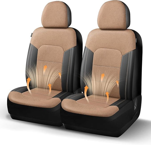 HChengkikz Front Car Seat Covers, Air Mesh, Breathable (Black + Beige) | Airbag Compatible, Automotive Comfort Protection, Universal Fit for Most Cars,Trucks,SUVs