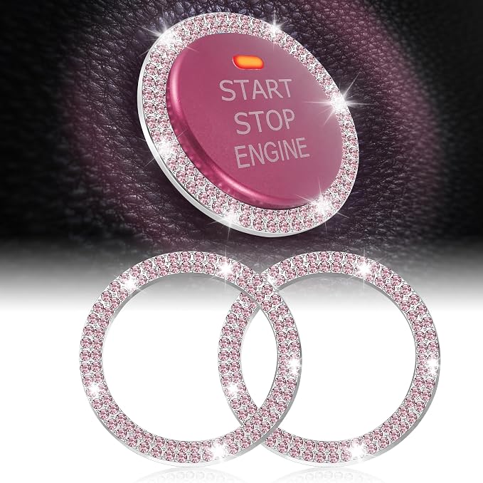 LivTee Car Engine Start Stop Decoration Ring, Crystal Double Rhinestone, Bling Car Interior Accessories for Women, Key Ignition & Knob Bling Ring, Push to Start Button Cover/Sticker, Pink