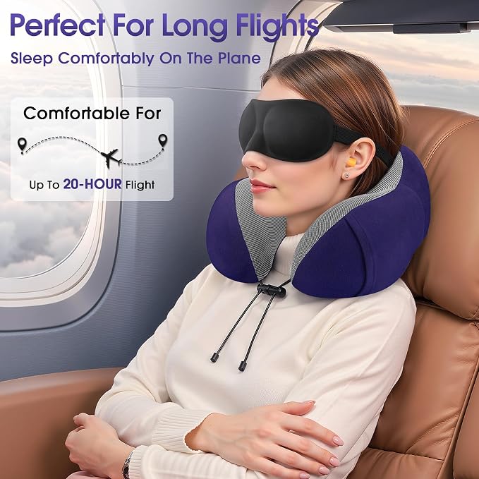 CloudBliss Travel Pillows for Airplane, 2 Pack Memory Foam Neck Pillows for Travel, Compact Neck Pillow for Long Flight, Car & Office, Plane Accessories with Eye Mask, Earplugs, Carry Bag, Black &Navy